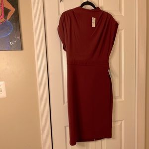 Draped Mock Neck Midi Sheath Dress